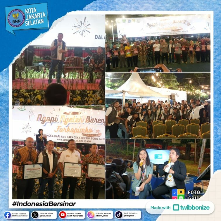 Kegiatan Pagelaran Seni "Ngopi Ngeteh bareng Forkompimko Jakarta Selatan dalam rangka Hari Anti Narkotika Internasional Tahun 2024" Kegiatan Pagelaran Seni "Ngopi Ngeteh bareng Forkompimko Jakarta Selatan dalam rangka Hari Anti Narkotika Internasional Tahun 2024"