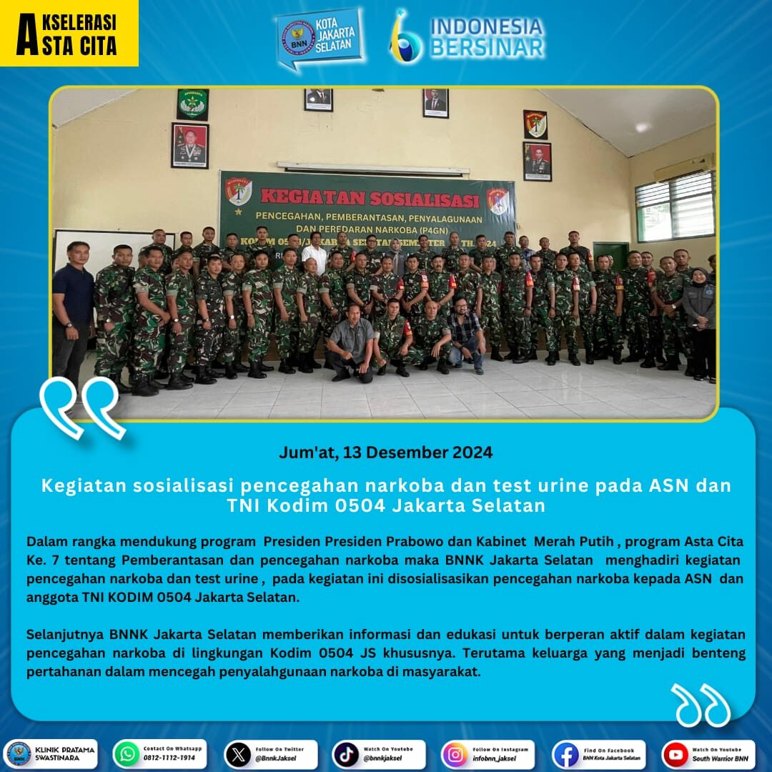 Kegiatan sosialisasi pencegahan narkoba dan test urine pada ASN dan TNI Kodim 0504 Jakarta Selatan Kegiatan sosialisasi pencegahan narkoba dan test urine pada ASN dan TNI Kodim 0504 Jakarta Selatan