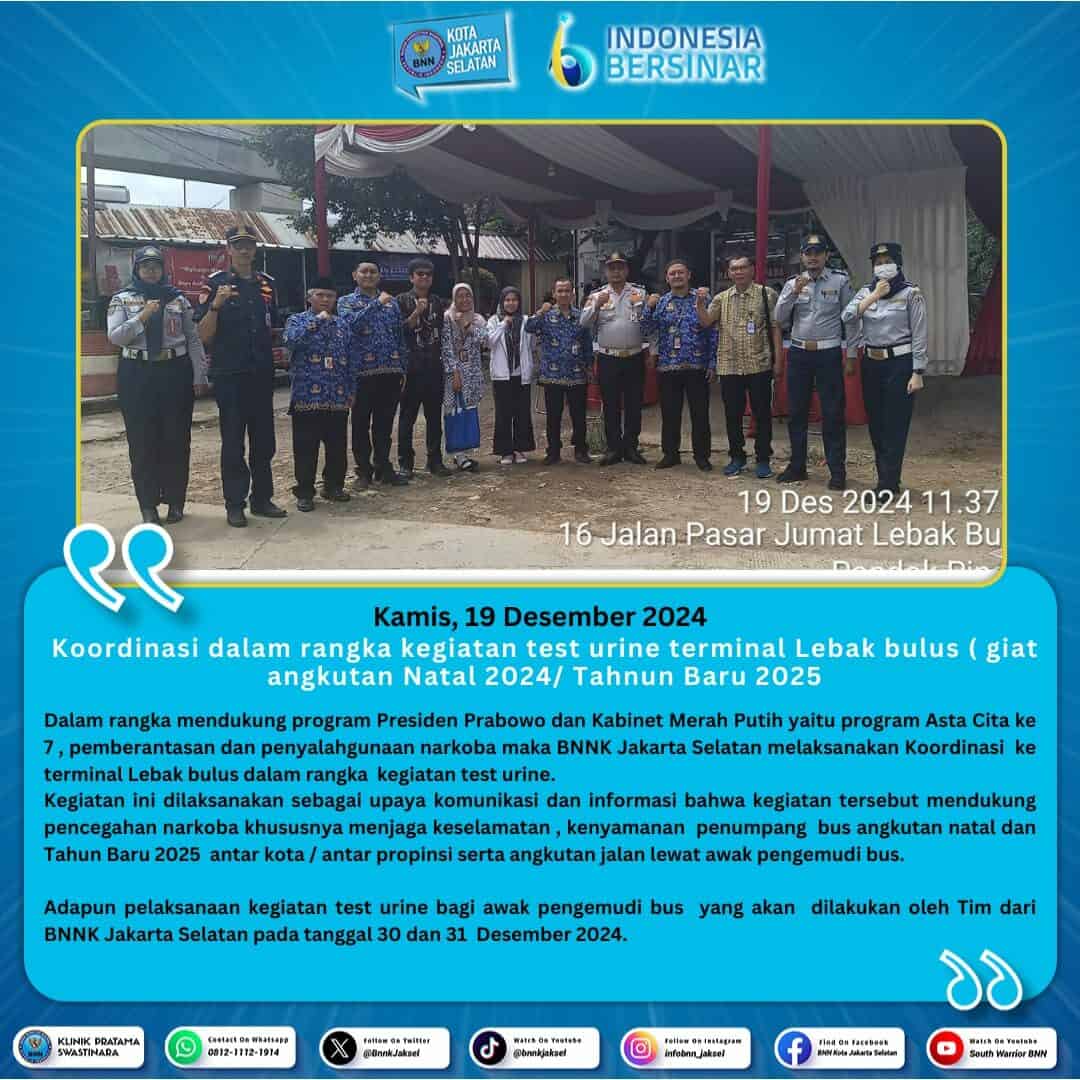 Koordinasi dalam rangka kegiatan test urine terminal Lebak bulus ( giat angkutan Nataru 2024) Koordinasi dalam rangka kegiatan test urine terminal Lebak bulus ( giat angkutan Nataru 2024)