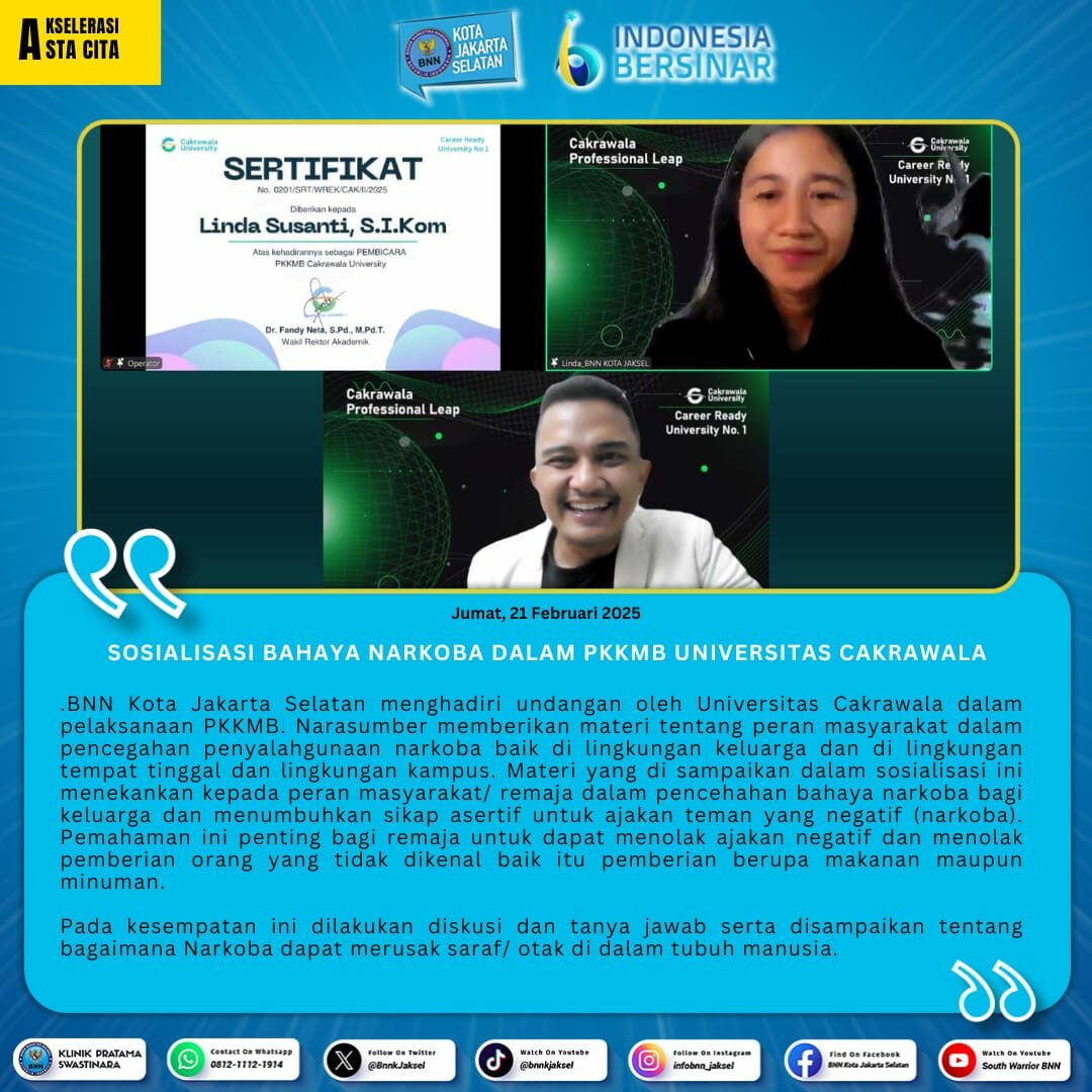 Sosialisasi Bahaya Narkoba dalam PKKMB Universitas Cakrawala Sosialisasi Bahaya Narkoba dalam PKKMB Universitas Cakrawala