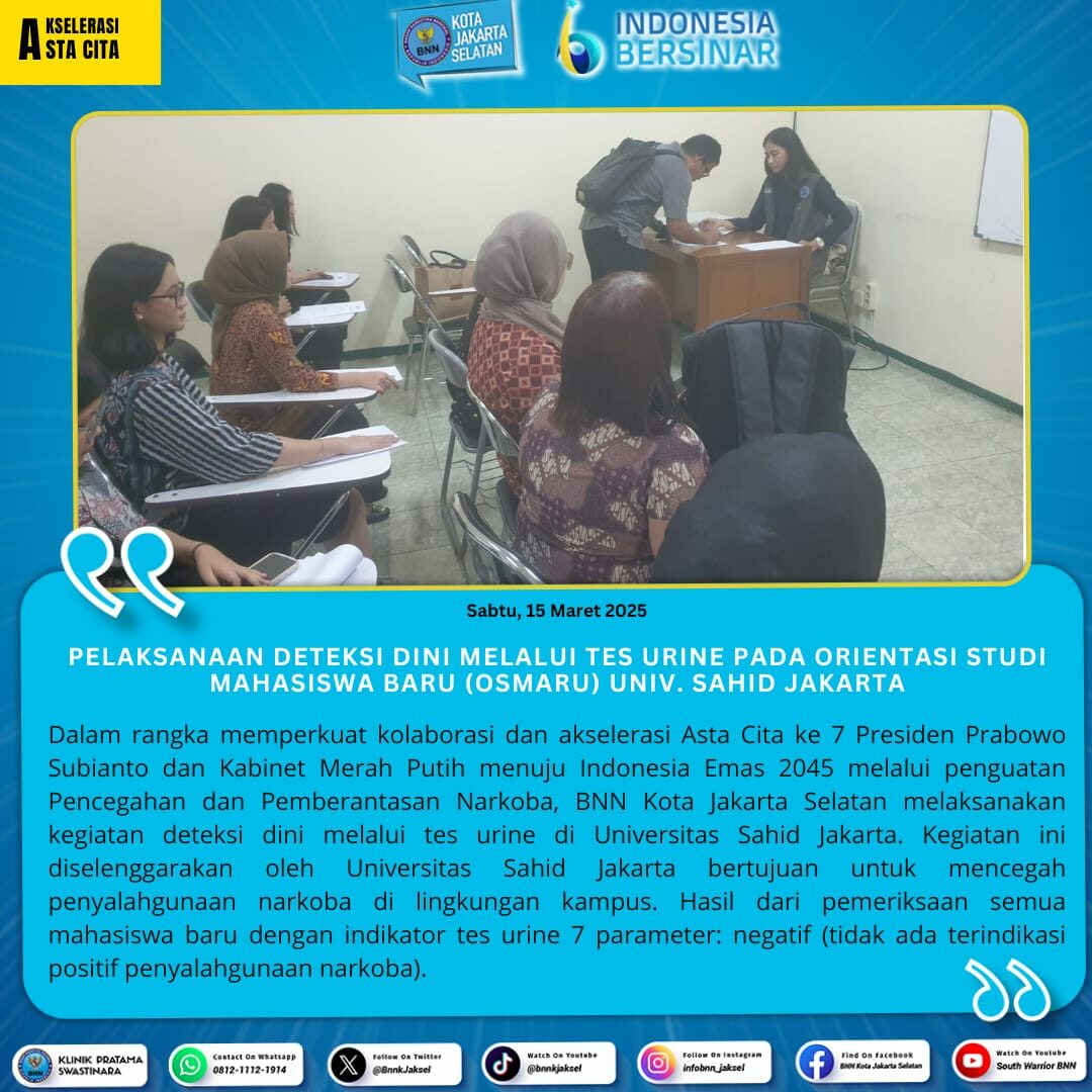 Pelaksanaan Deteksi Dini melalui Tes Urine pada Orientasi Studi Mahasiswa Baru (OSMARU) Univ. Sahid Jakarta Konsep Otomatis