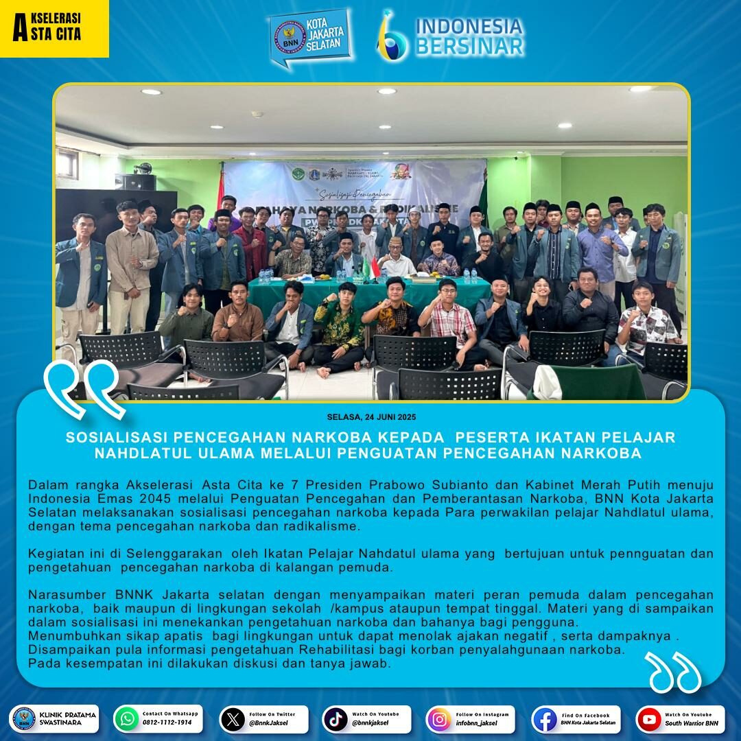 Sosialisasi pencegahan narkoba kepada peserta ikatan pelajar Nahdlatul Ulama melalui penguatan pencegahan narkoba Sosialisasi pencegahan narkoba kepada peserta ikatan pelajar Nahdlatul Ulama melalui penguatan pencegahan narkoba